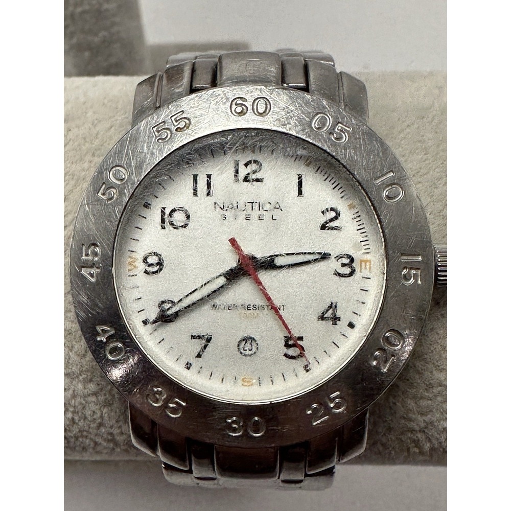 Scratched Nautica Steel 09070M New Battery Men Watch 35MM 7" Stainless Steel K44